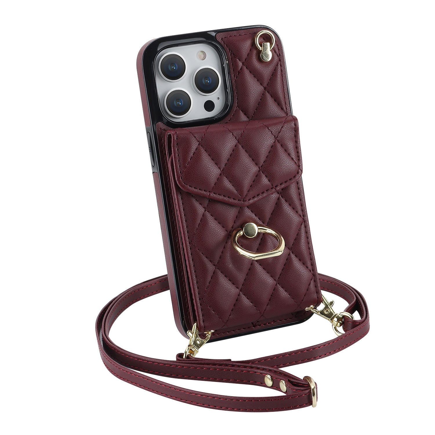 Quilted Leather Crossbody Wallet Case for iPhone