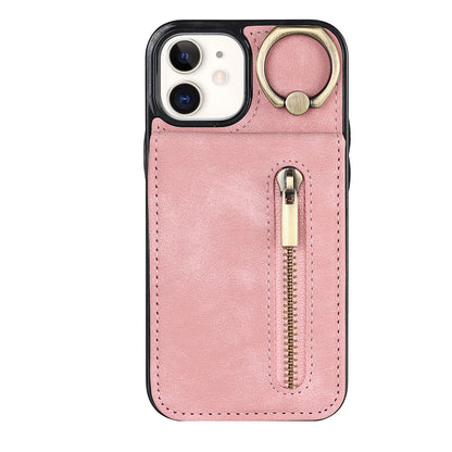 Vintage Suede-Look Flip Wallet Ring Case for iPhone
