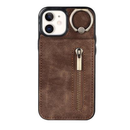 Vintage Suede-Look Flip Wallet Ring Case for iPhone