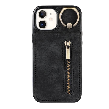 Vintage Suede-Look Flip Wallet Ring Case for iPhone