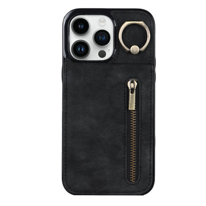 Vintage Suede-Look Flip Wallet Ring Case for iPhone