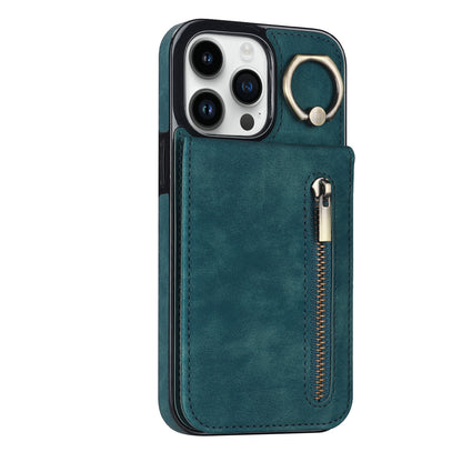 Vintage Suede-Look Flip Wallet Ring Case for iPhone