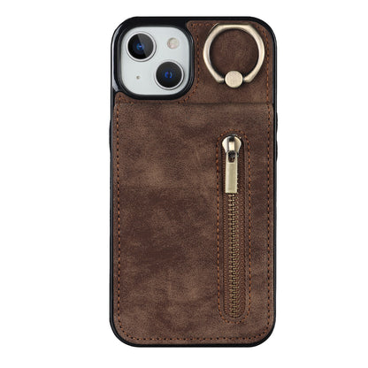 Vintage Suede-Look Flip Wallet Ring Case for iPhone